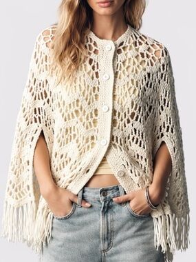 Vintage Ivory Crochet Fringe Cape Poncho Cat’s Eye Buttons One Size